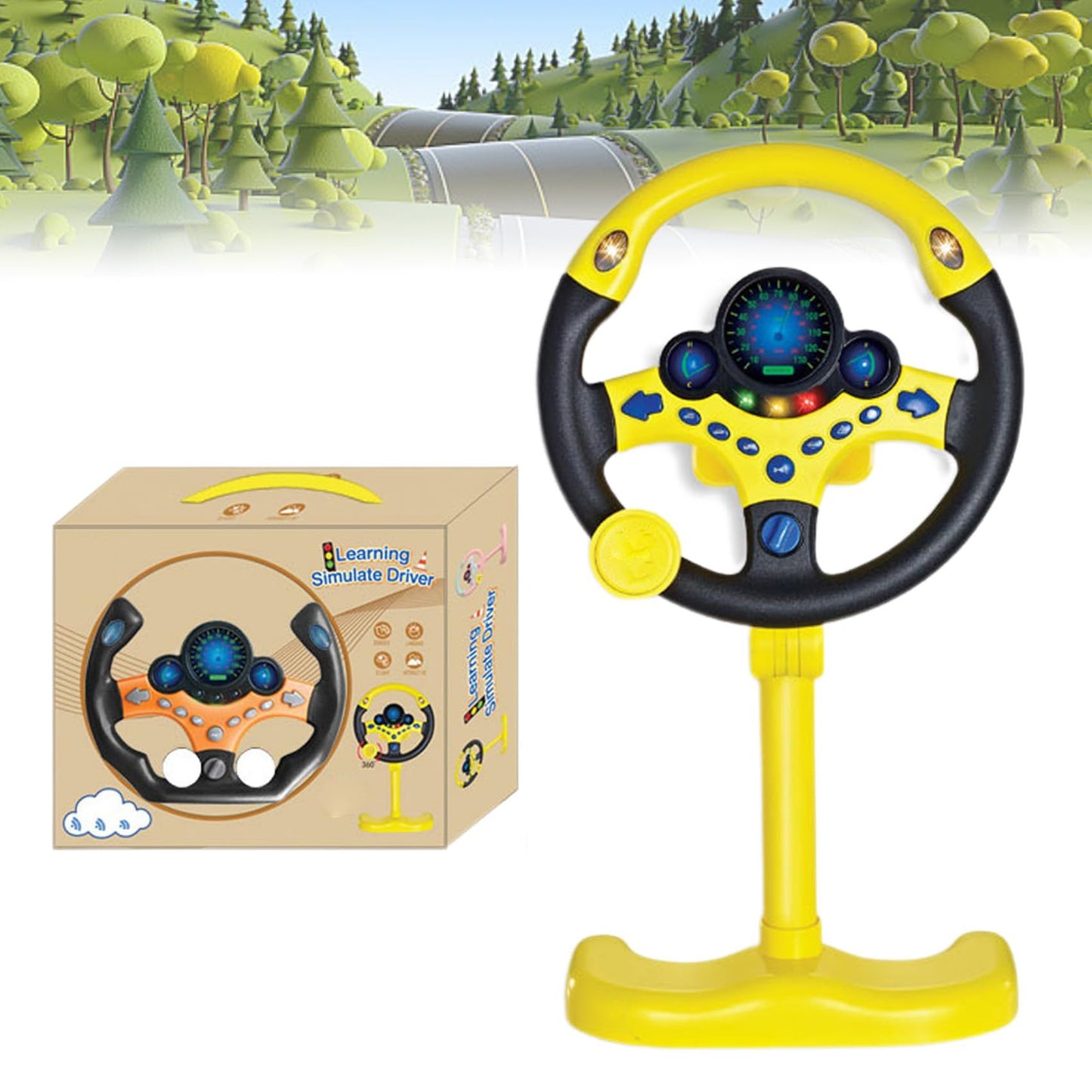 Steering Wheel Driving Toy, Simulated Steering Wheel for Kids, Electric Car Steering Wheel Toys, Simulation Copilots , (Yellow)