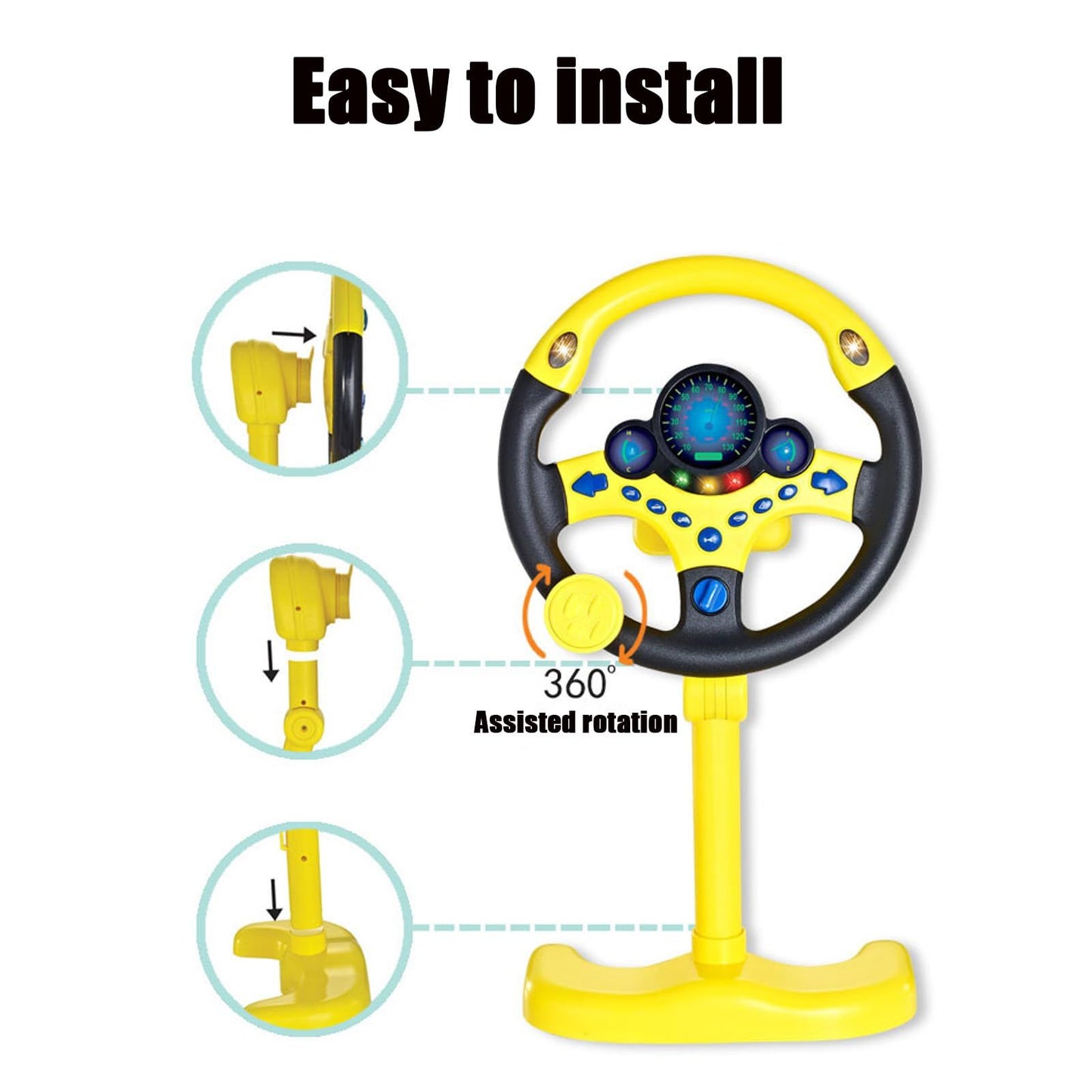 Steering Wheel Driving Toy, Simulated Steering Wheel for Kids, Electric Car Steering Wheel Toys, Simulation Copilots , (Yellow)