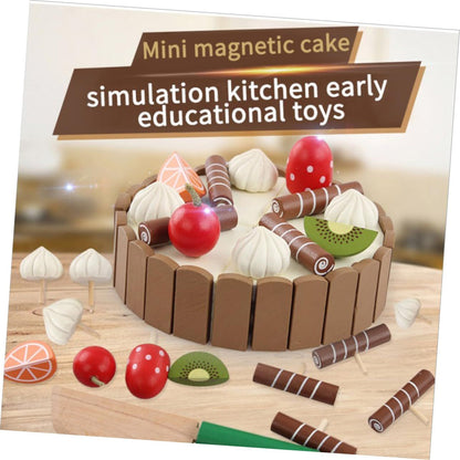 Hey! Play! Birthday Cake-Kids Wooden Magnetic Dessert with Cutting Knife, Chocolate and Vanilla Swirls-Fun Pretend Play