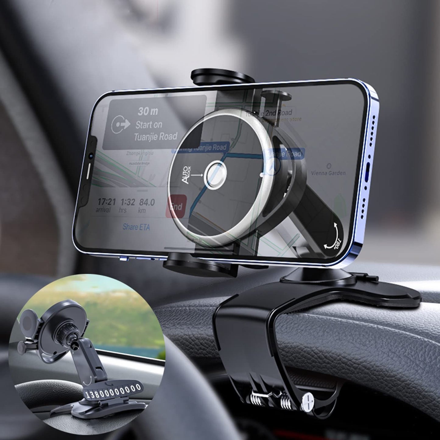 Car Phone Stand, 360-degree Swivel Clip-on Stand on The Dashboard, Cell Phone Stand with Parking Number Plate