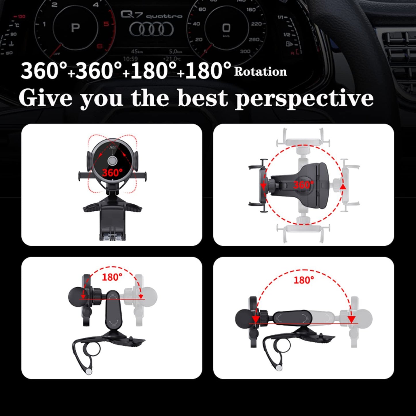 Car Phone Stand, 360-degree Swivel Clip-on Stand on The Dashboard, Cell Phone Stand with Parking Number Plate