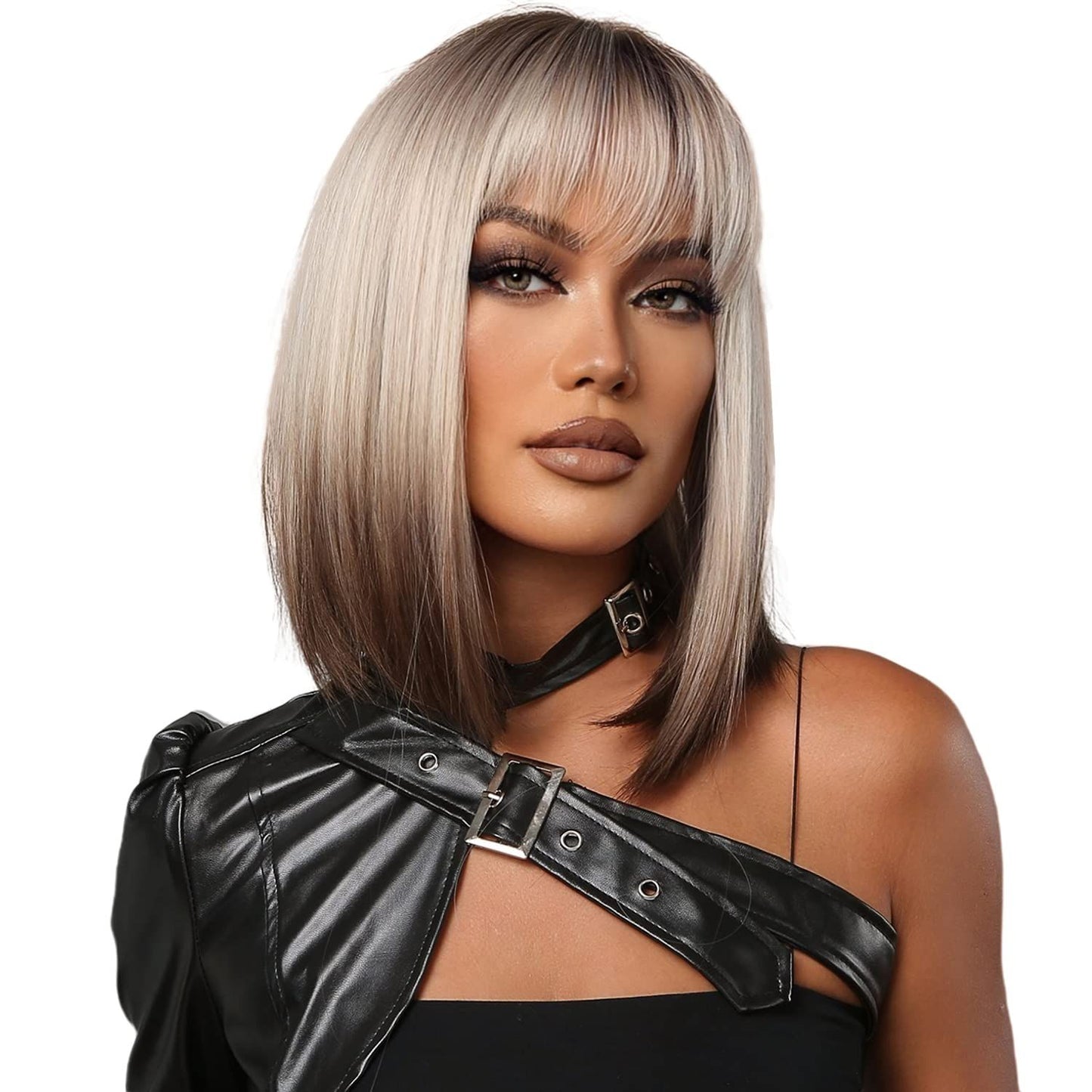 Short Bob Wig with Bangs Synthetic Blonde to Brown Hair Wig Dark Roots Shoulder Length Straight Natural Wig  , 13 Inch