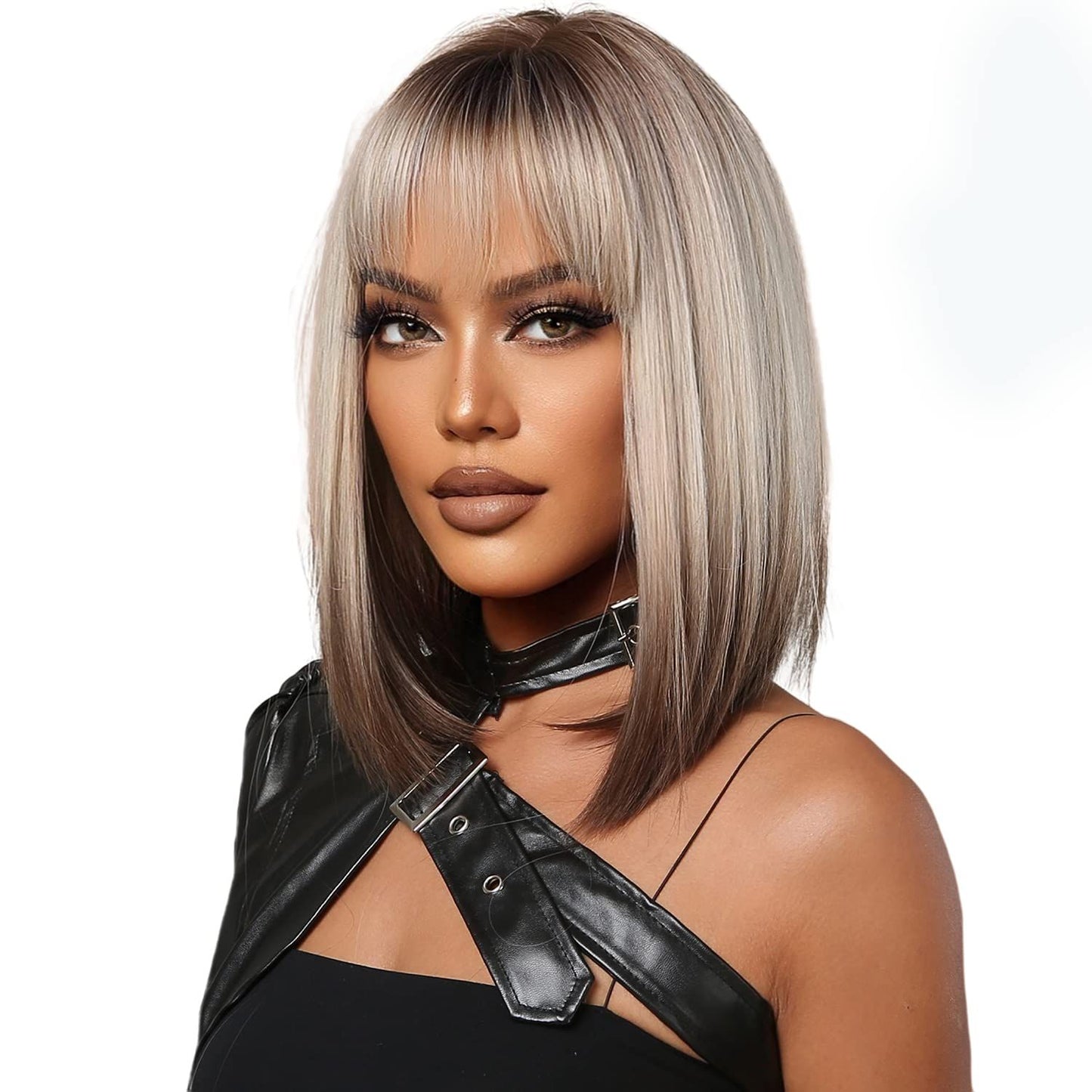 Short Bob Wig with Bangs Synthetic Blonde to Brown Hair Wig Dark Roots Shoulder Length Straight Natural Wig  , 13 Inch