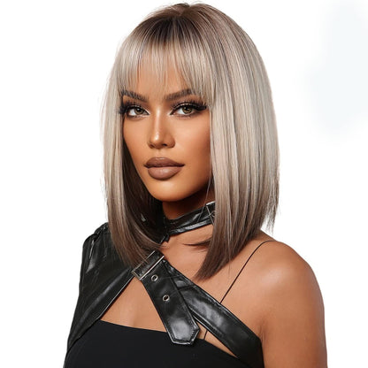 Short Bob Wig with Bangs Synthetic Blonde to Brown Hair Wig Dark Roots Shoulder Length Straight Natural Wig  , 13 Inch