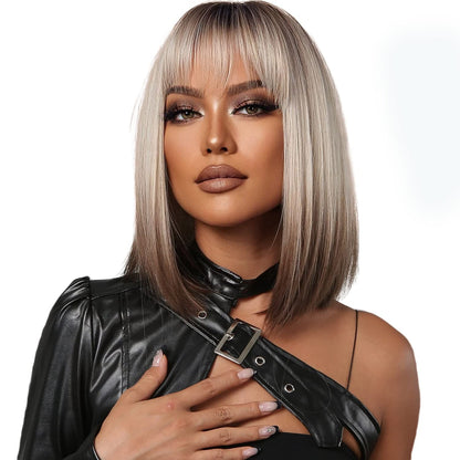 Short Bob Wig with Bangs Synthetic Blonde to Brown Hair Wig Dark Roots Shoulder Length Straight Natural Wig  , 13 Inch