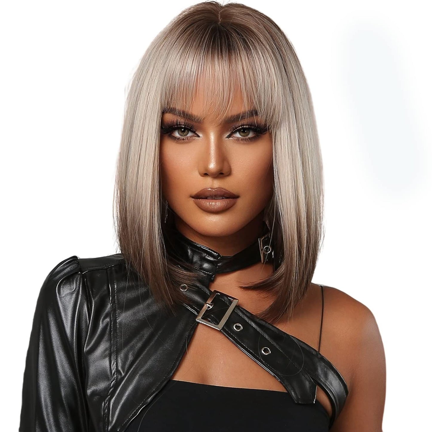 Short Bob Wig with Bangs Synthetic Blonde to Brown Hair Wig Dark Roots Shoulder Length Straight Natural Wig  , 13 Inch