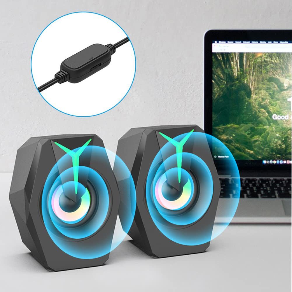 LED Computer Speaker USB Powered 3.5mm Stereo Audio Desktop Speakers for PC, MP3 Player, Laptop, Smartphone (Black)