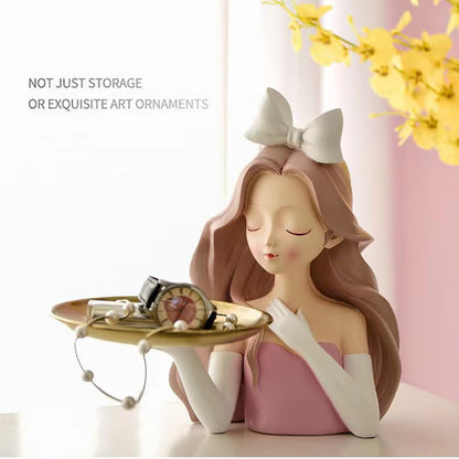Girl Sculptures Porch Decor Tray, Holding Storage Tray, Girl Figurine Ornament Modern Cute Girl Decoration with Tray