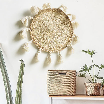Boho Wall Decor Circle Wall Decor Basket Macrame Wall Hanging Round Straw Living Room Wall Home Décor,12"