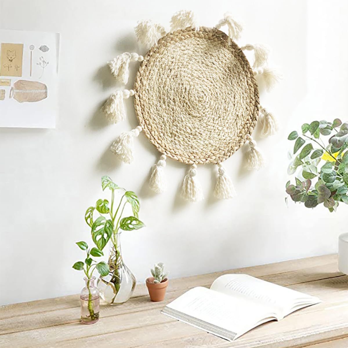 Boho Wall Decor Circle Wall Decor Basket Macrame Wall Hanging Round Straw Living Room Wall Home Décor,12"
