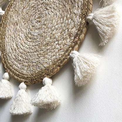Boho Wall Decor Circle Wall Decor Basket Macrame Wall Hanging Round Straw Living Room Wall Home Décor,12"