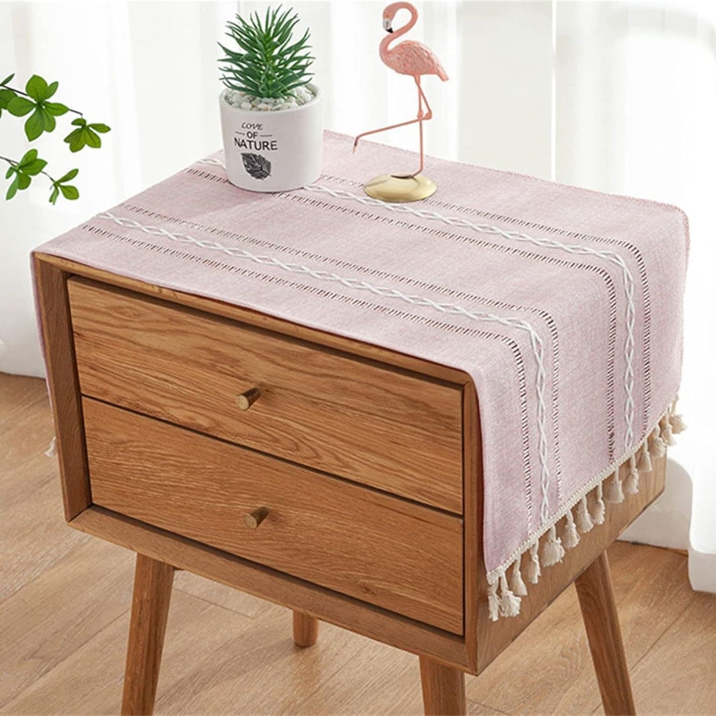 1PC Boho Style Pink Rectangular Tablecloth with Tassel Stripe Pattern, Polyester Woven Desk Cloth for Dresser, Bedside Table, Cabinets, Home Furniture Dust Cover Decor 38x91cm