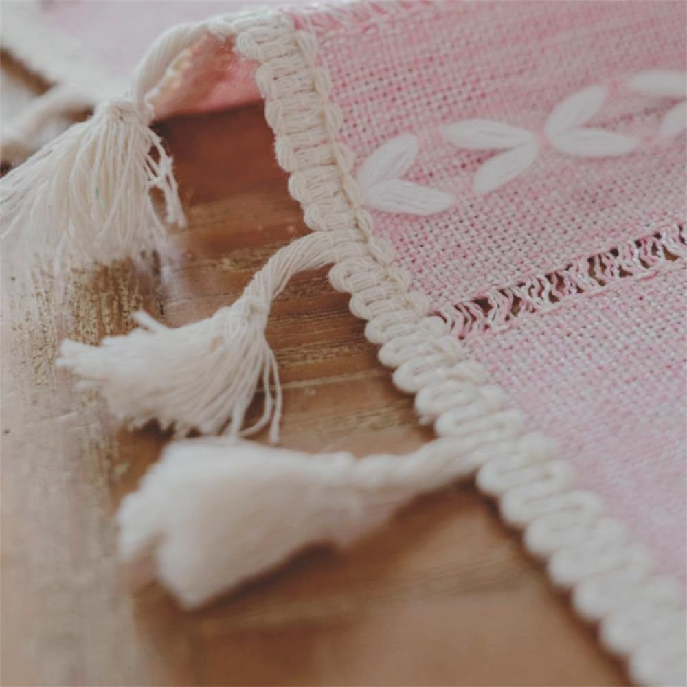 1PC Boho Style Pink Rectangular Tablecloth with Tassel Stripe Pattern, Polyester Woven Desk Cloth for Dresser, Bedside Table, Cabinets, Home Furniture Dust Cover Decor 38x91cm