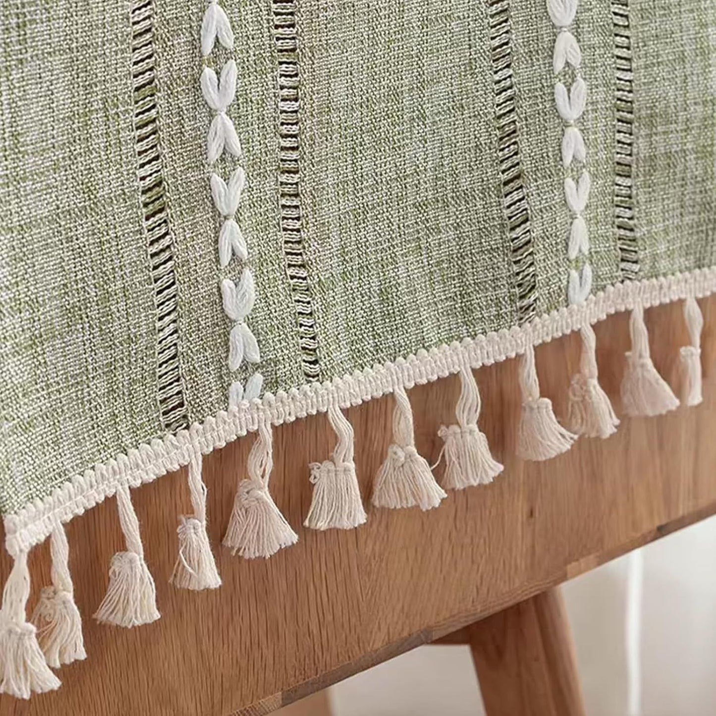 1PC Boho Style Green Rectangular Tablecloth with Tassel Stripe Pattern, Polyester Woven Desk Cloth for Dresser, Bedside Table, Cabinets, Home Furniture Dust Cover Decor 38x91cm