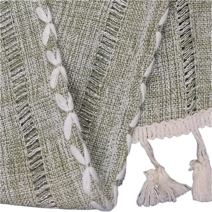 1PC Boho Style Green Rectangular Tablecloth with Tassel Stripe Pattern, Polyester Woven Desk Cloth for Dresser, Bedside Table, Cabinets, Home Furniture Dust Cover Decor 38x91cm