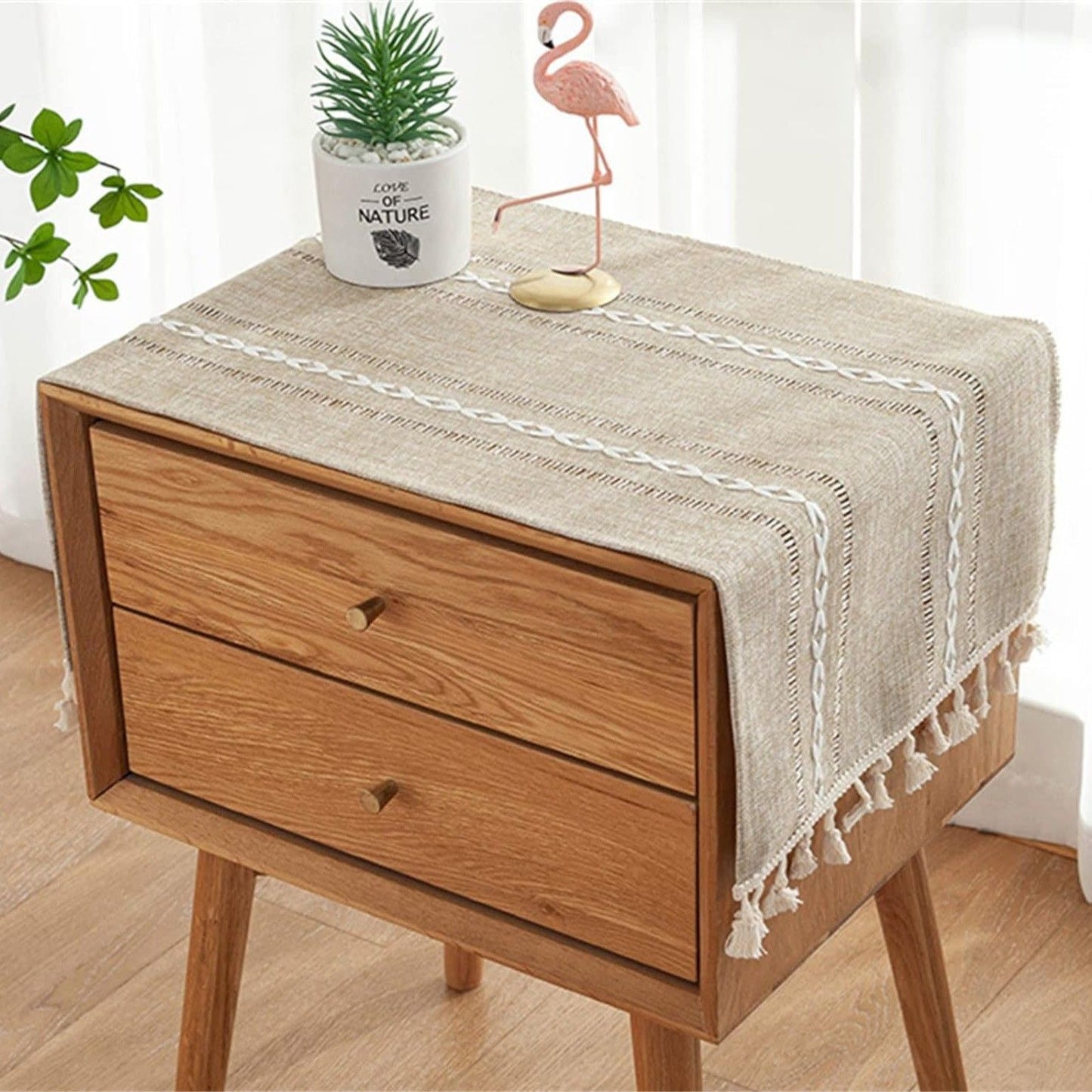 1PC Boho Style Brown Rectangular Tablecloth with Tassel Stripe Pattern, Polyester Woven Desk Cloth for Dresser, Bedside Table, Cabinets, Home Furniture Dust Cover Decor 38x91cm