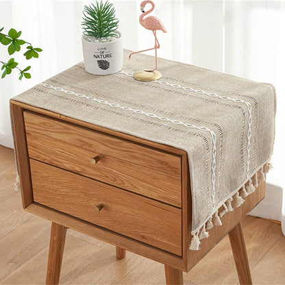 1PC Boho Style Brown Rectangular Tablecloth with Tassel Stripe Pattern, Polyester Woven Desk Cloth for Dresser, Bedside Table, Cabinets, Home Furniture Dust Cover Decor 38x91cm