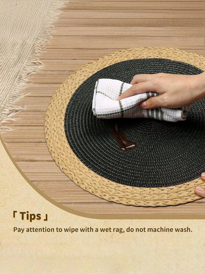15 Inch Black Round Woven Placemats Set of 4 – PP Woven with Wide Paper Edges, Washable, Heat Resistant, for Parties, Indoor/Outdoor Use Black