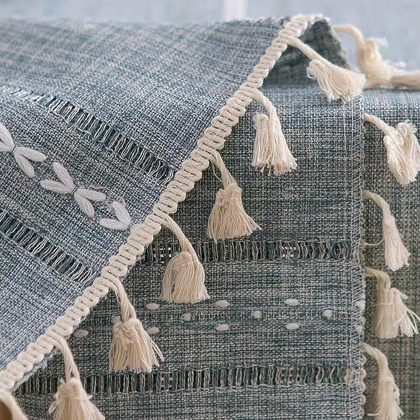 1PC Boho Style Blue Rectangular Tablecloth with Tassel Stripe Pattern, Polyester Woven Desk Cloth for Dresser, Bedside Table, Cabinets, Home Furniture Dust Cover Decor 38x91cm