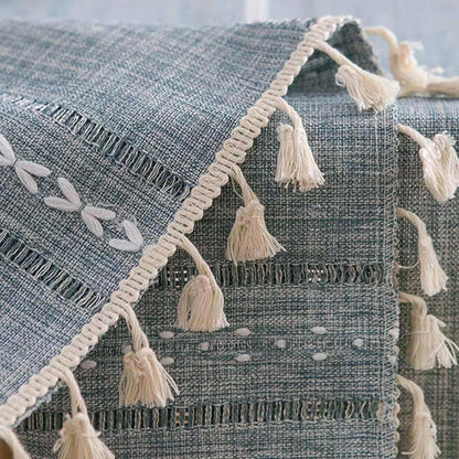 1PC Boho Style Blue Rectangular Tablecloth with Tassel Stripe Pattern, Polyester Woven Desk Cloth for Dresser, Bedside Table, Cabinets, Home Furniture Dust Cover Decor 38x91cm