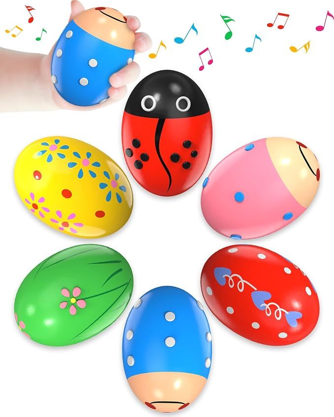 6 Pack Wooden Percussion Musical Shaker Prefilled Easter Eggs with Toys Inside Filled, Toddlers Easter Basket Stuffers Egg Fillers Montessori Toys Gifts