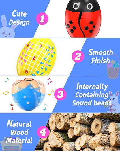 6 Pack Wooden Percussion Musical Shaker Prefilled Easter Eggs with Toys Inside Filled, Toddlers Easter Basket Stuffers Egg Fillers Montessori Toys Gifts