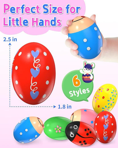 6 Pack Wooden Percussion Musical Shaker Prefilled Easter Eggs with Toys Inside Filled, Toddlers Easter Basket Stuffers Egg Fillers Montessori Toys Gifts