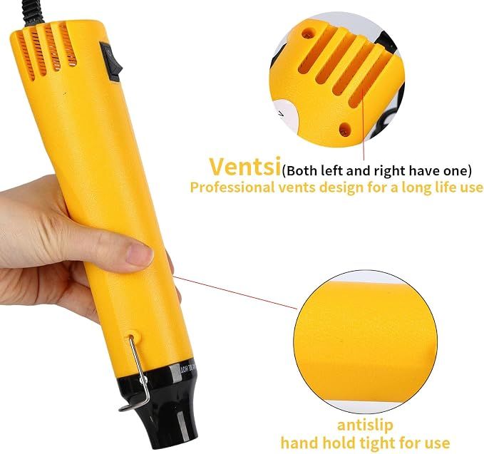 Yellow 110V 300W Mini Heat Gun, Portable Hot Air Gun with Stand for Shrinking Wrap, Embossing and Paint Drying