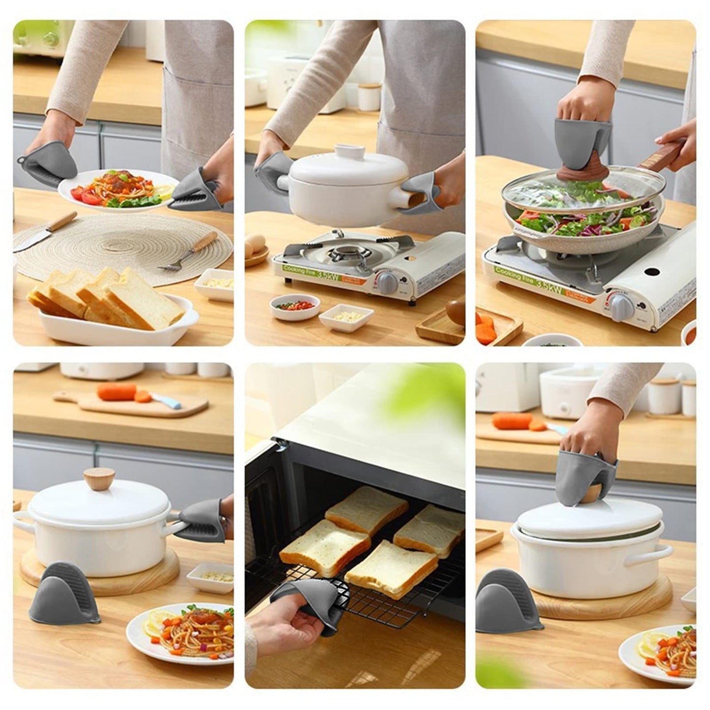 4PCS Silicone Oven Mitts Heat Resistant,Mini Oven Mitts Rubber Oven Glove for Kitchen Frying Cooking Baking BBQ (Black+Grey)