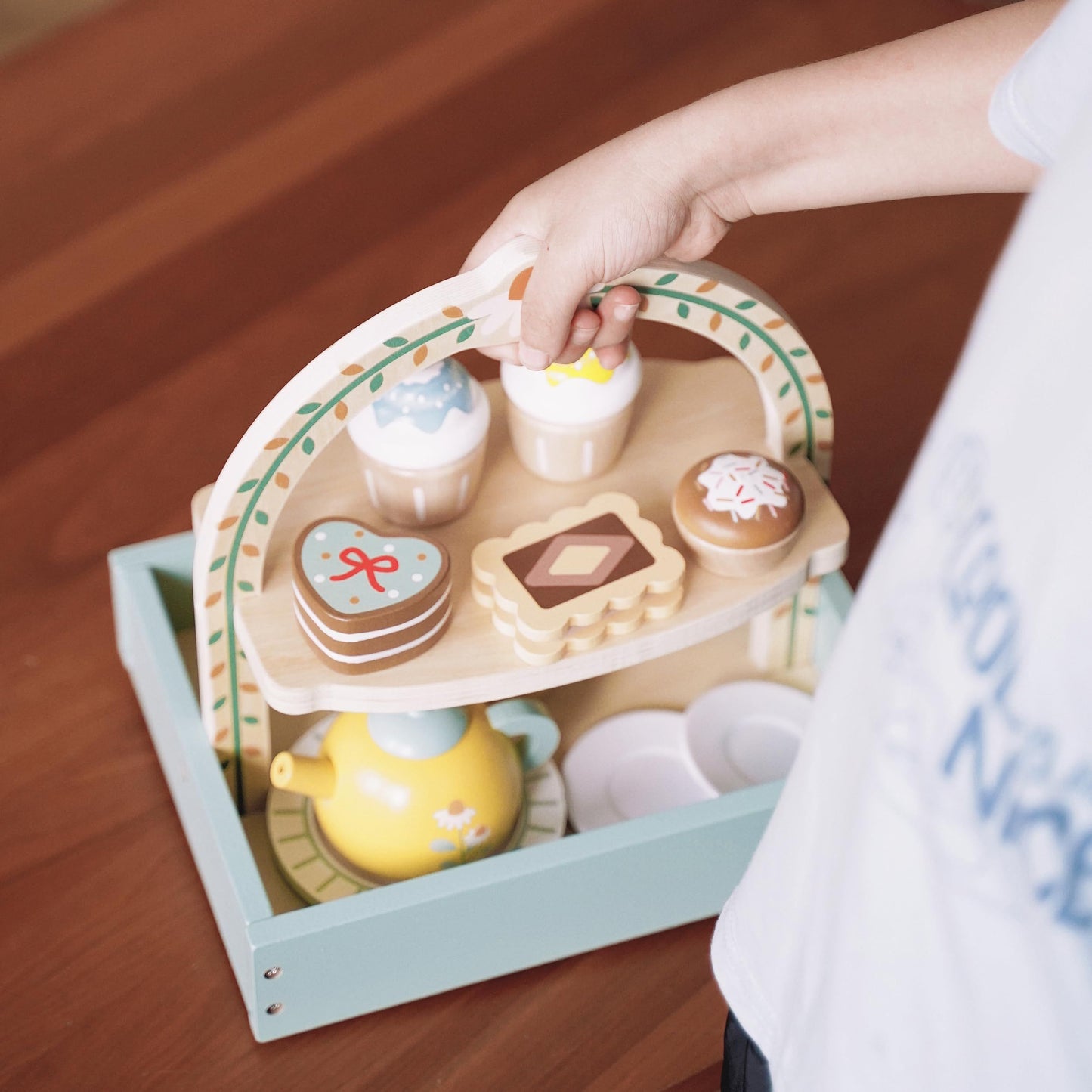 Wooden Dessert Cake Tea Party Set for Little Girls Toys, Pretend Play Kids Tea Set for Toddlers Wood Toys,Wooden Play Food Kitchen