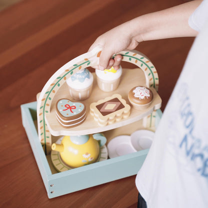 Wooden Dessert Cake Tea Party Set for Little Girls Toys, Pretend Play Kids Tea Set for Toddlers Wood Toys,Wooden Play Food Kitchen