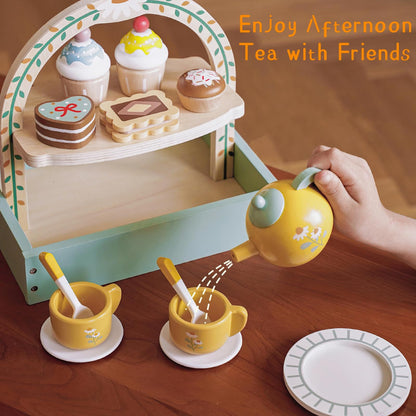 Wooden Dessert Cake Tea Party Set for Little Girls Toys, Pretend Play Kids Tea Set for Toddlers Wood Toys,Wooden Play Food Kitchen