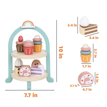 Wooden Dessert Cake Play Food Set Toys, Pretend Play Kids Tea Party Set for Little Girls Toddlers, Montessori Wooden Play Kitchen