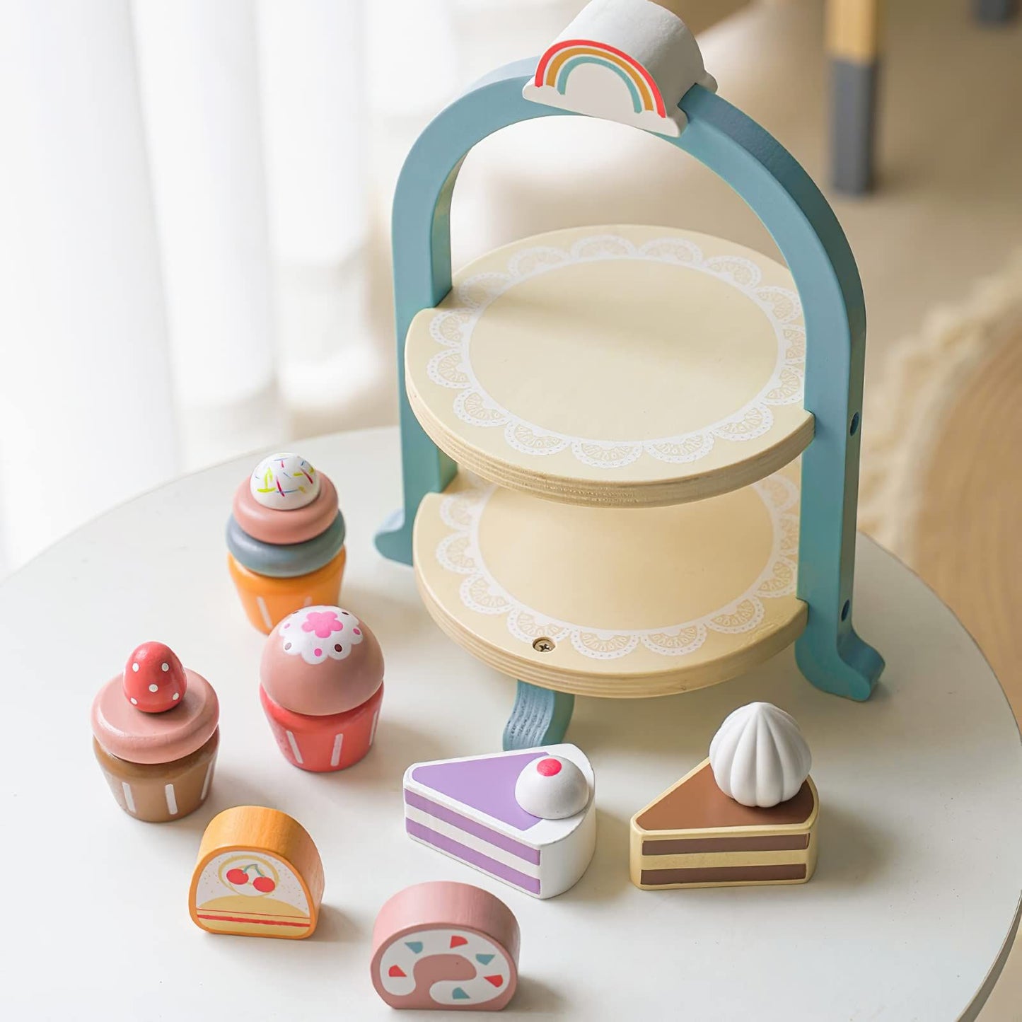 Wooden Dessert Cake Play Food Set Toys, Pretend Play Kids Tea Party Set for Little Girls Toddlers, Montessori Wooden Play Kitchen