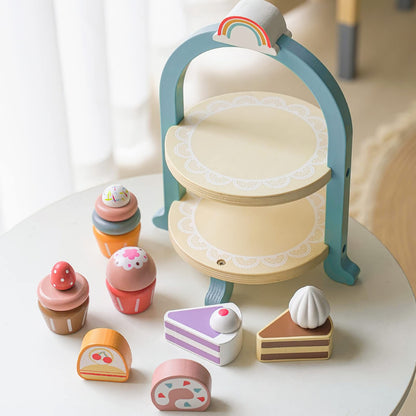 Wooden Dessert Cake Play Food Set Toys, Pretend Play Kids Tea Party Set for Little Girls Toddlers, Montessori Wooden Play Kitchen