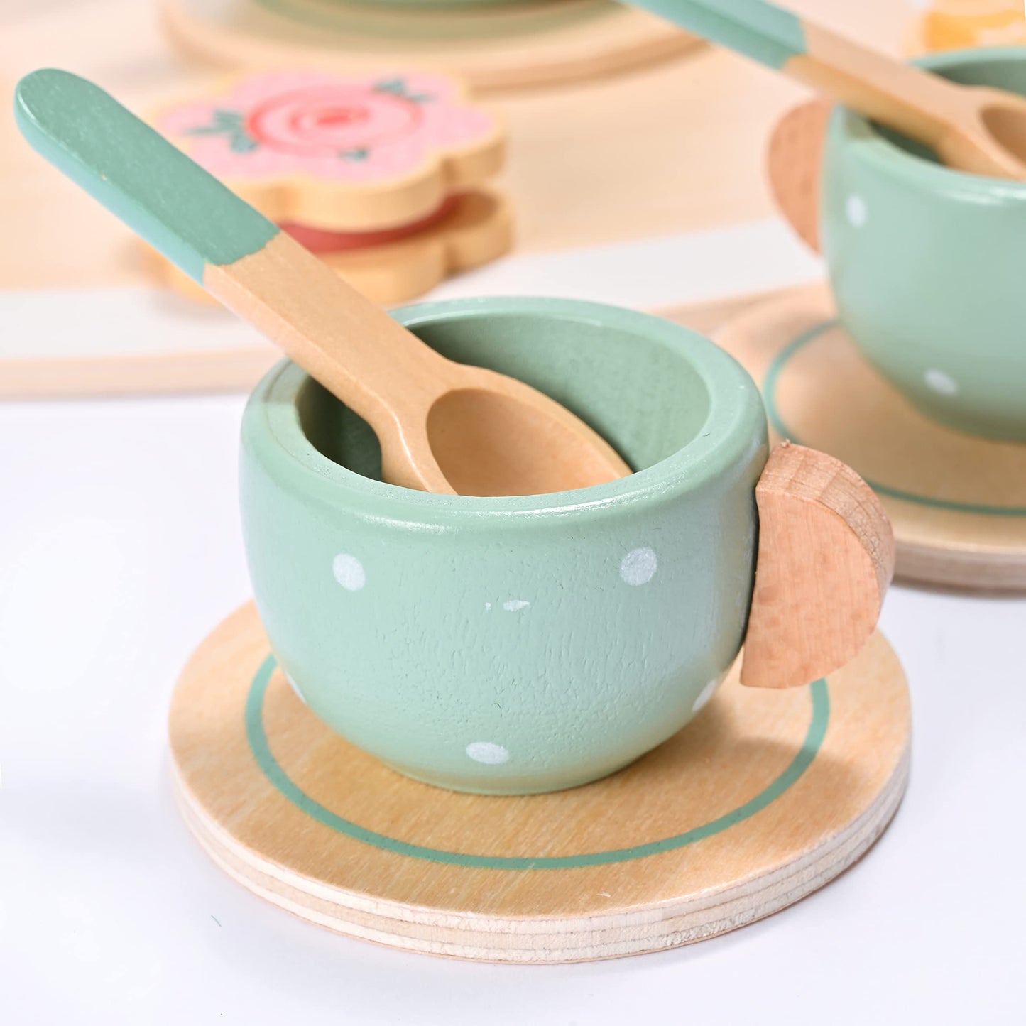 15pcs Wooden Tea Set for Little Girls,  Wooden Toys, Toddler Tea Set Play Kitchen Accessories Play Food playset for Kids Tea Party