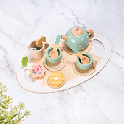15pcs Wooden Tea Set for Little Girls,  Wooden Toys, Toddler Tea Set Play Kitchen Accessories Play Food playset for Kids Tea Party