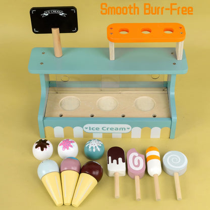 Wooden Ice Cream Toy Play Set, Ice Cream Truck Shop Stand Toys for Toddlers, Montessori Play Kitchen Accessories Wooden Food Set