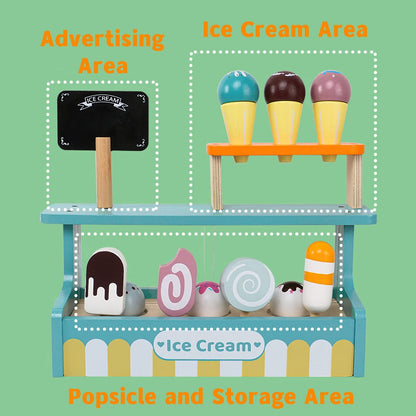 Wooden Ice Cream Toy Play Set, Ice Cream Truck Shop Stand Toys for Toddlers, Montessori Play Kitchen Accessories Wooden Food Set
