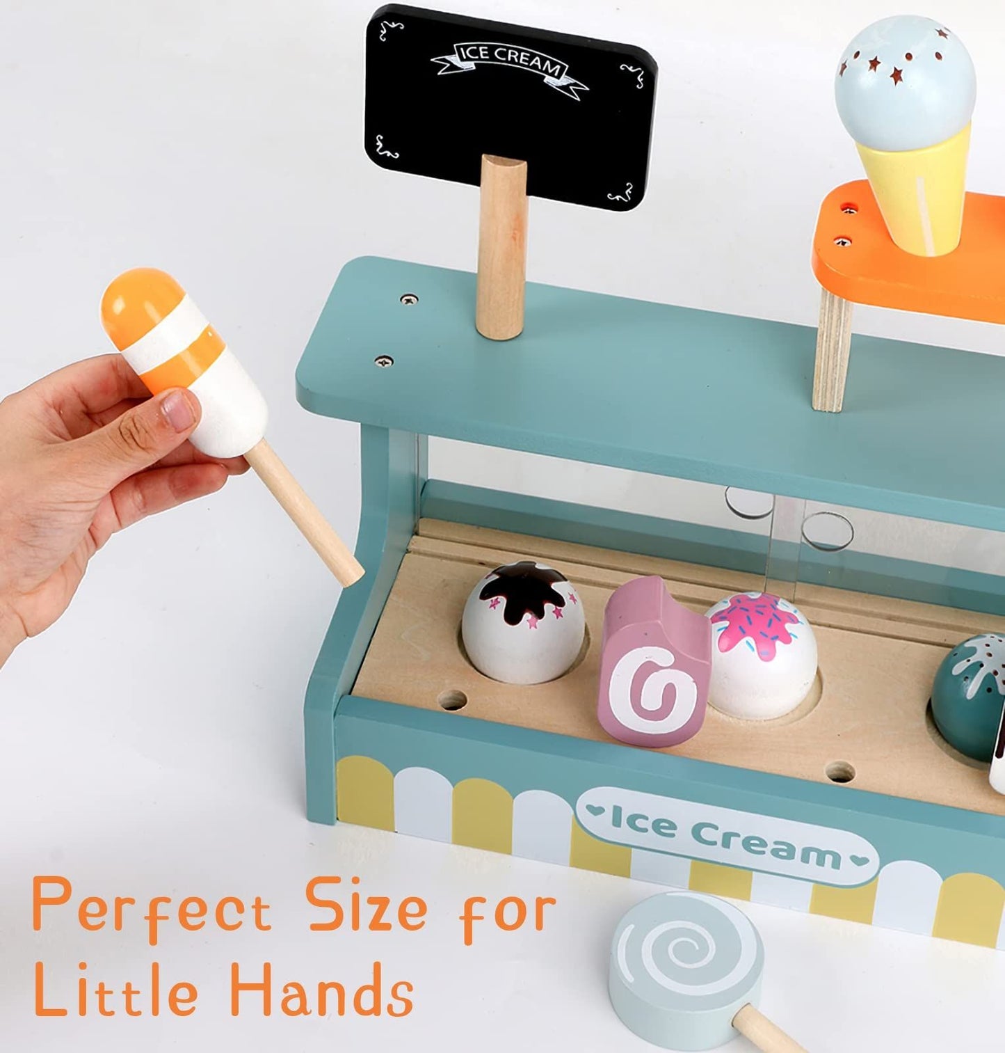 Wooden Ice Cream Toy Play Set, Ice Cream Truck Shop Stand Toys for Toddlers, Montessori Play Kitchen Accessories Wooden Food Set