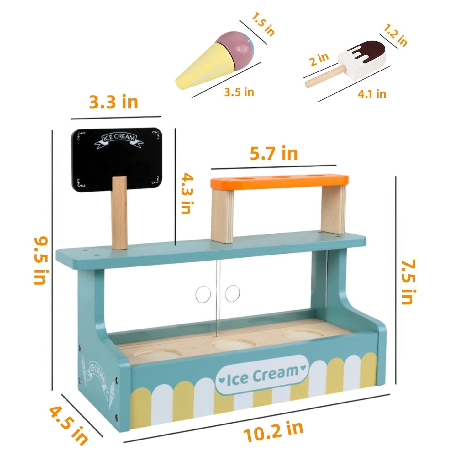 Wooden Ice Cream Toy Play Set, Ice Cream Truck Shop Stand Toys for Toddlers, Montessori Play Kitchen Accessories Wooden Food Set