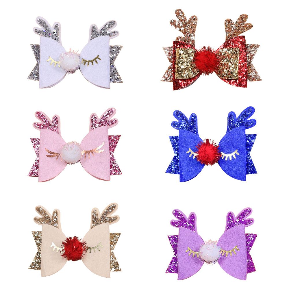 Bow Hair Clips Antler Girls Hairpins Glitter Hair Barrettes Holiday Cute Hair Accessories Best Gift for Kids 6pcs