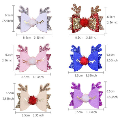 Bow Hair Clips Antler Girls Hairpins Glitter Hair Barrettes Holiday Cute Hair Accessories Best Gift for Kids 6pcs