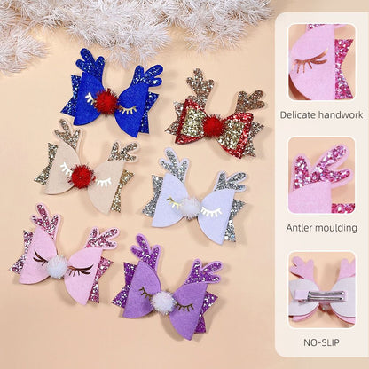 Bow Hair Clips Antler Girls Hairpins Glitter Hair Barrettes Holiday Cute Hair Accessories Best Gift for Kids 6pcs