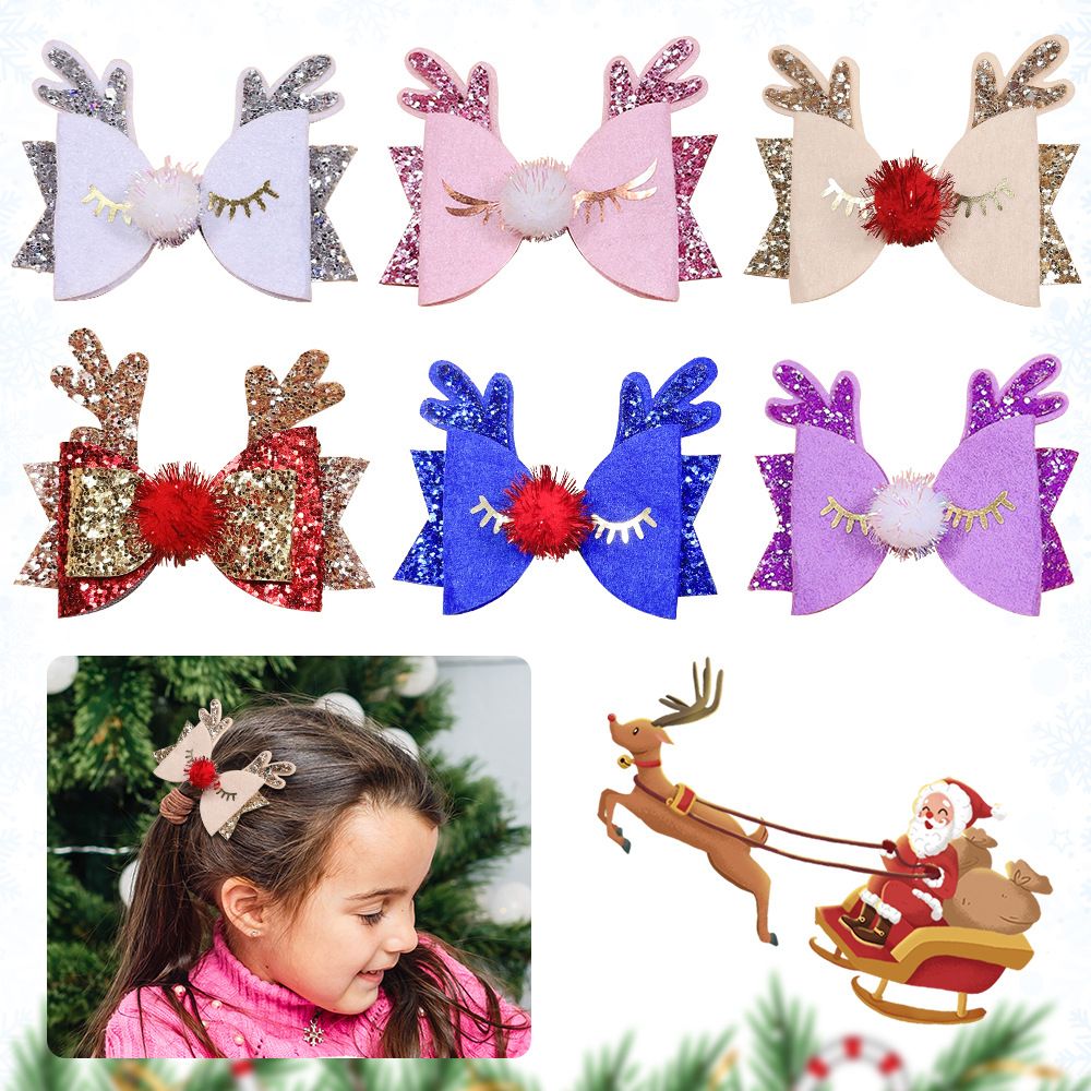 Bow Hair Clips Antler Girls Hairpins Glitter Hair Barrettes Holiday Cute Hair Accessories Best Gift for Kids 6pcs