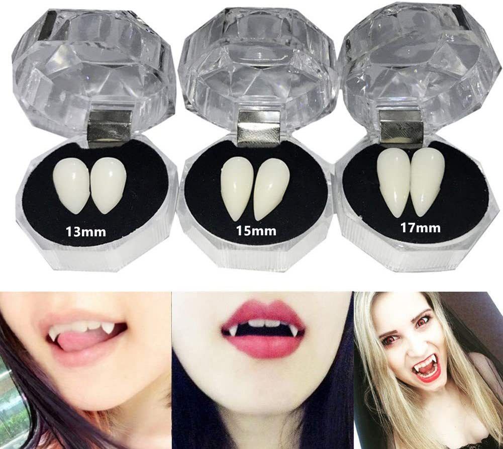 3 Pair Vampire Fangs Fake Teeth with Teeth Pellets for Cosplay Props, White Makeup props(13 mm, 15 mm, 17 mm）
