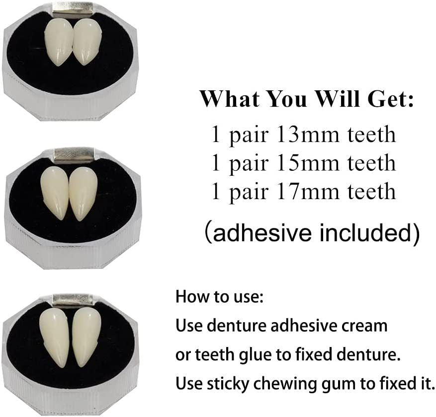 3 Pair Vampire Fangs Fake Teeth with Teeth Pellets for Cosplay Props, White Makeup props(13 mm, 15 mm, 17 mm）