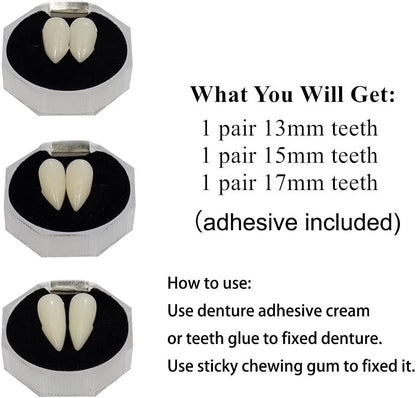 3 Pair Vampire Fangs Fake Teeth with Teeth Pellets for Cosplay Props, White Makeup props(13 mm, 15 mm, 17 mm）