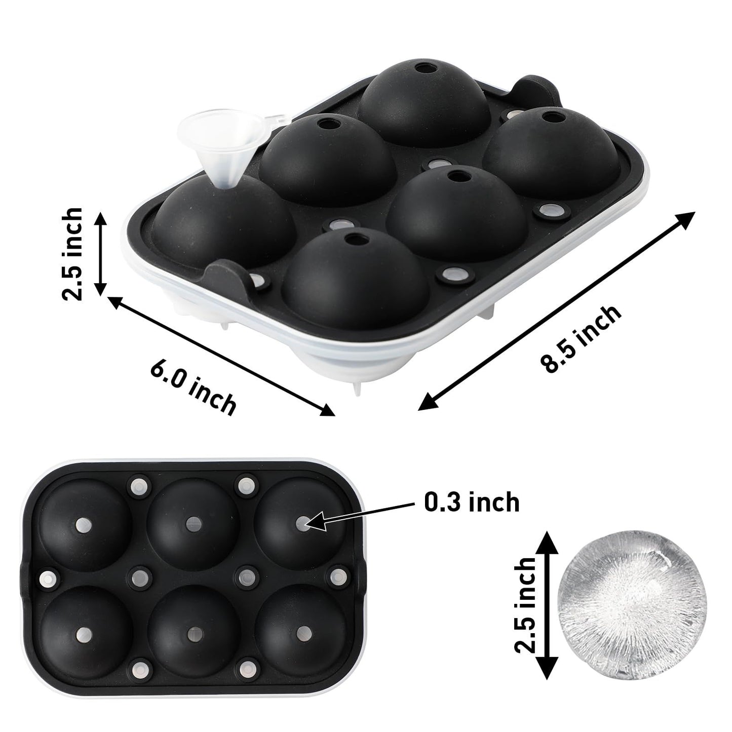 Reusable Silicone Ball Ice Cube Mold, Sphere Ice Cube Mold with Funnel for Whiskey, Cocktails, Homemade (Black)