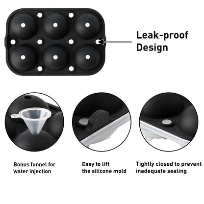 Reusable Silicone Ball Ice Cube Mold, Sphere Ice Cube Mold with Funnel for Whiskey, Cocktails, Homemade (Black)